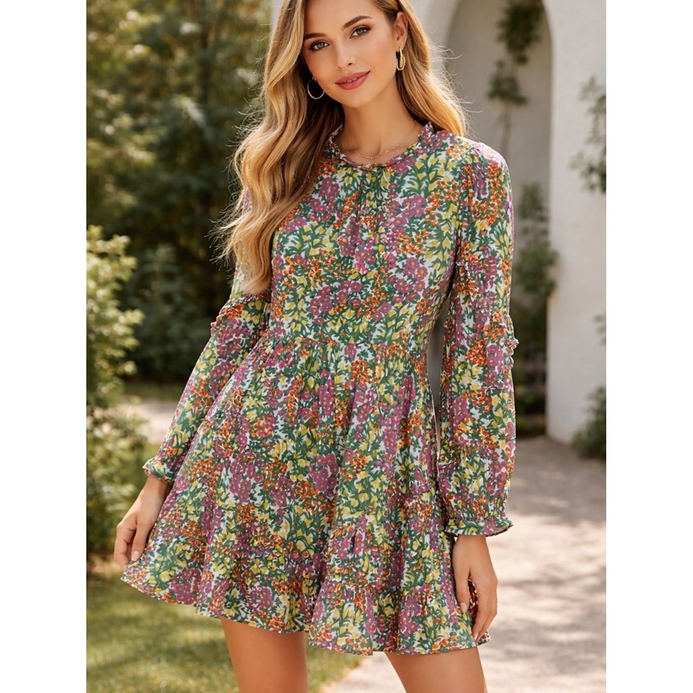 Banjanan Lila Dress Small Floral Mini Mock Neck Long Sleeve Cotton